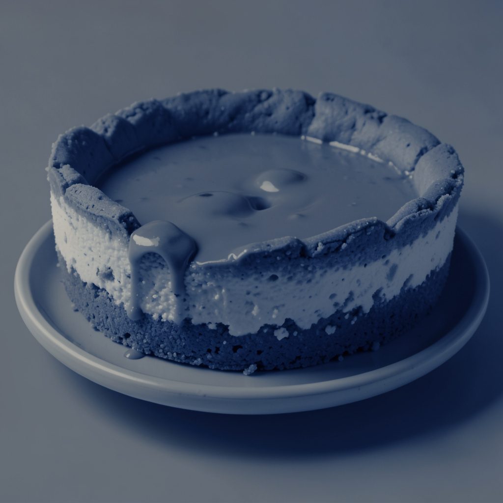 A duotone photograph in deep indigo and cream of a plate of homemade fudge cut into squares