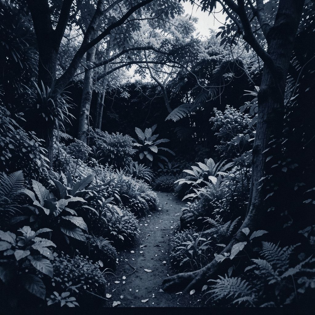 A duotone photograph in navy blue and tan of a small raised-bed garden beside a wooden fence